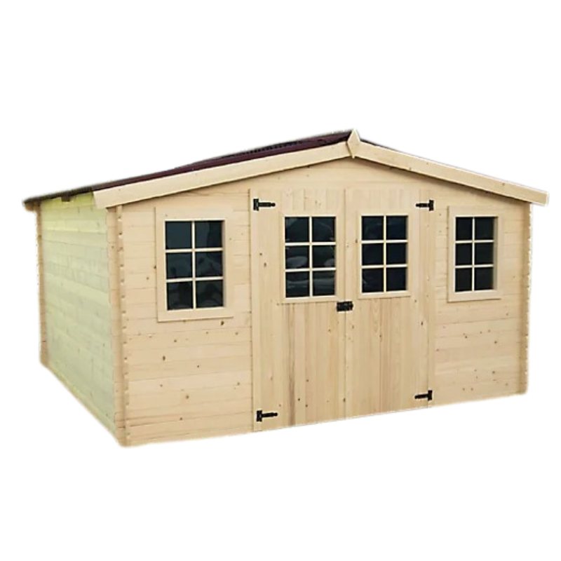 Massivholz-Gartenhaus 28 mm Wandstärke – 12,65 m² Blockbohlenhaus mit Doppeltür und Fenstern